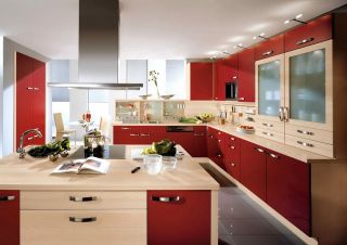 现代别墅厨房红色橱柜装修设计效果图片