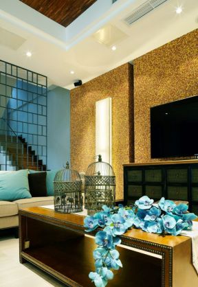 新中式客厅电视背景墙 跃层装修效果图