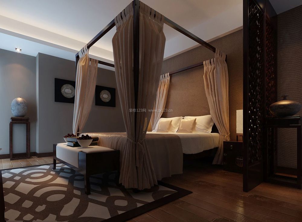 现代中式风格卧室木床装修效果图片