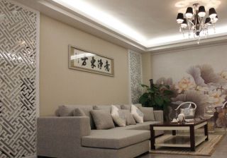 中式客厅沙发背景墙镂空隔断效果图片