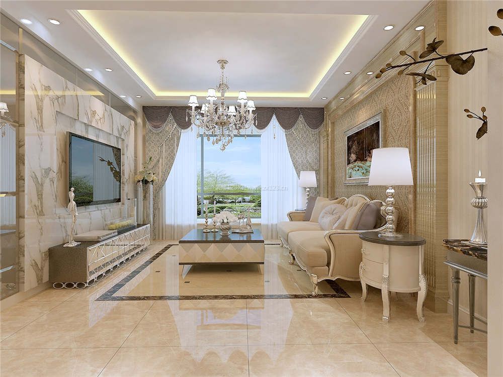 简欧客厅背景墙壁纸设计装修效果图片