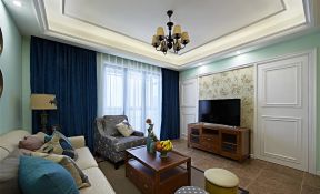 简约欧式家居客厅蓝色窗帘搭配效果图