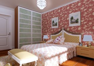 简约中式风格卧室床头背景墙壁纸装修效果图片