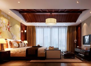 2023中式风格别墅设计卧室木质吊顶装修效果图片