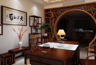 中式家庭书房装修雕花隔断图片