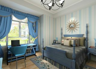 地中海小卧室房蓝色窗帘装修效果图片