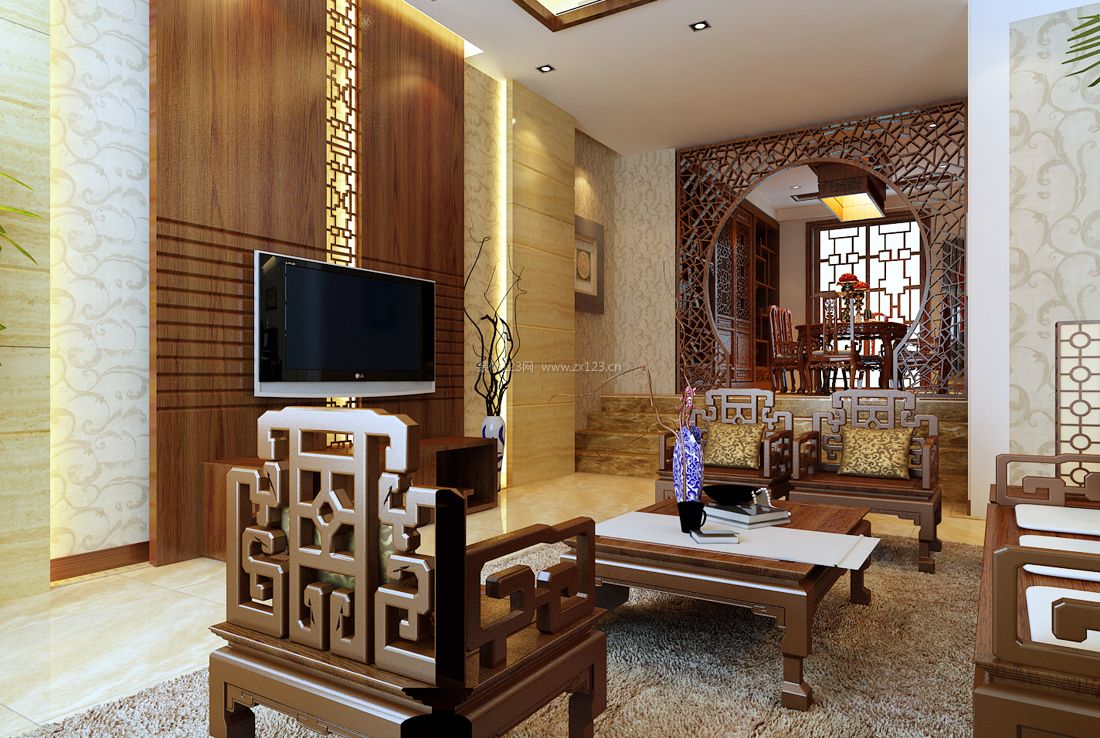 中式建筑别墅客厅设计元素装修图
