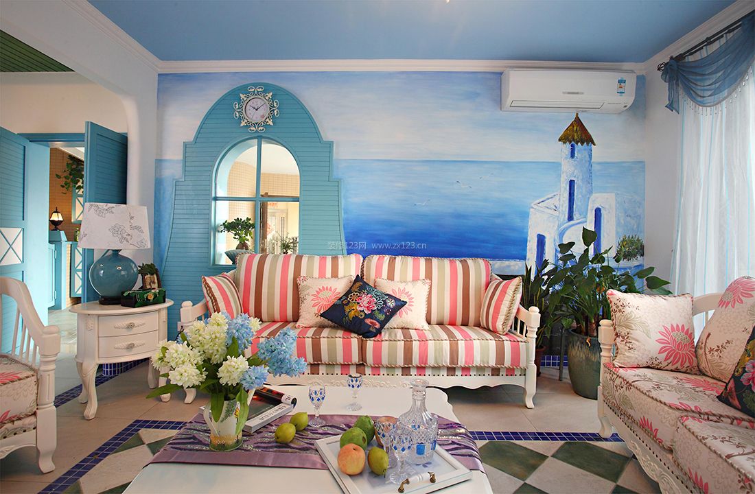 田园地中海风格沙发背景墙装修效果图片