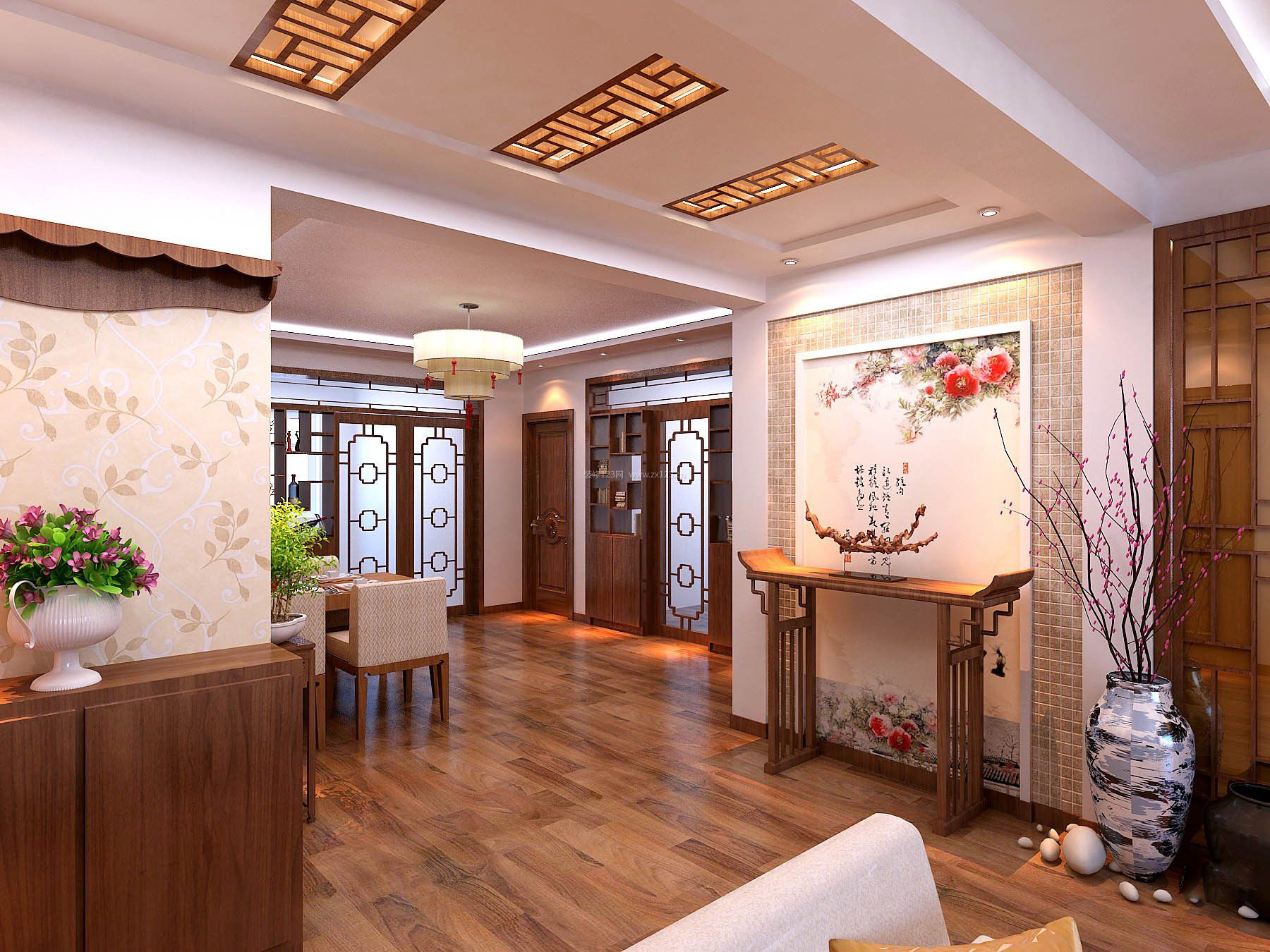 家装效果图 中式 现代中式别墅过道吊顶装修效果图 提供者