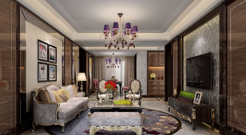 新古典样板房客厅电视背景墙壁纸装修效果图