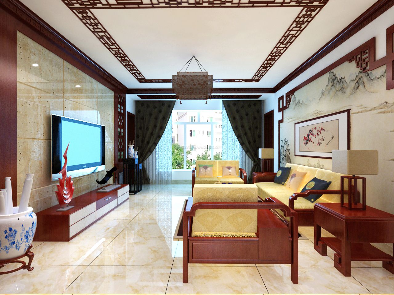 现代中式风格客厅效果图 实木沙发装修效果图片