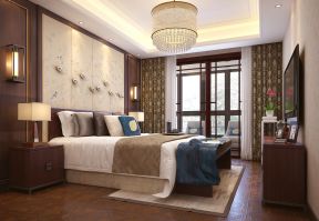 别墅卧室床头背景墙中式装饰元素效果图