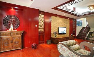 新中式别墅客厅电视背景墙壁纸装修效果图