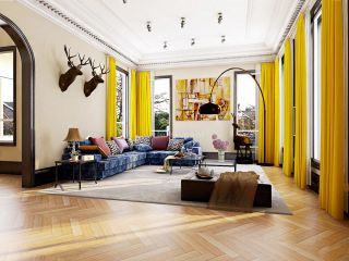 北欧风格客厅黄色窗帘装修设计效果图片