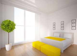 现代小别墅卧室黄色床尾凳装修效果图片