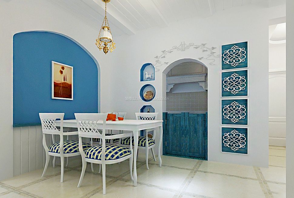 现代地中海风格开放式厨房餐厅隔断设计效果图