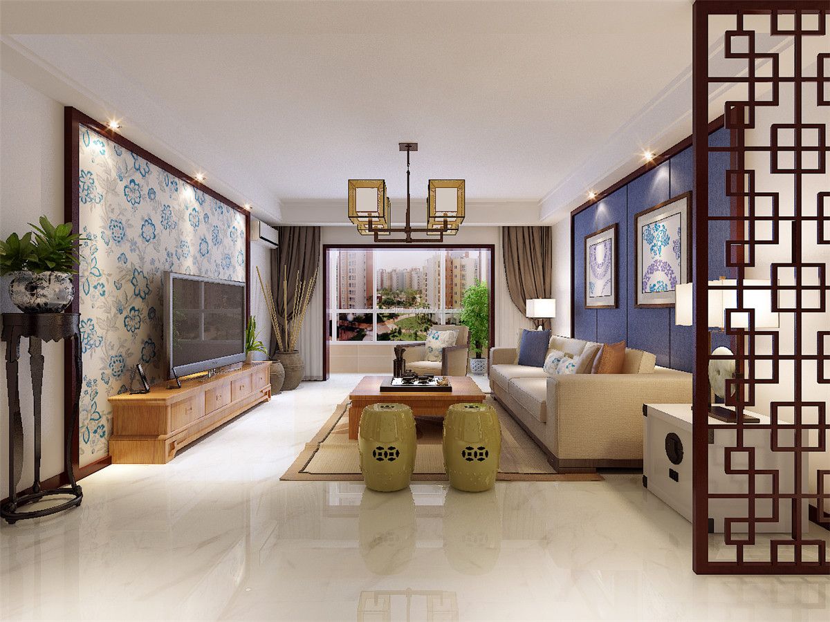 新中式客厅沙发背景墙设计装修效果图片