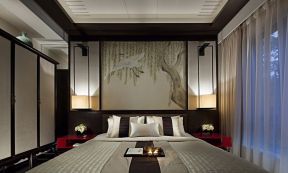中式卧房床头背景墙装修效果图片