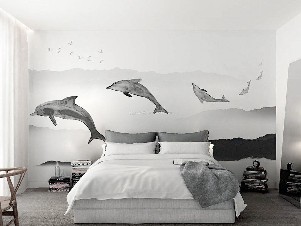 现代简约卧室墙绘装修效果图片