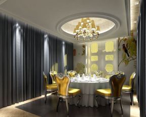 豪华欧式餐厅  蓝色窗帘装修效果图片