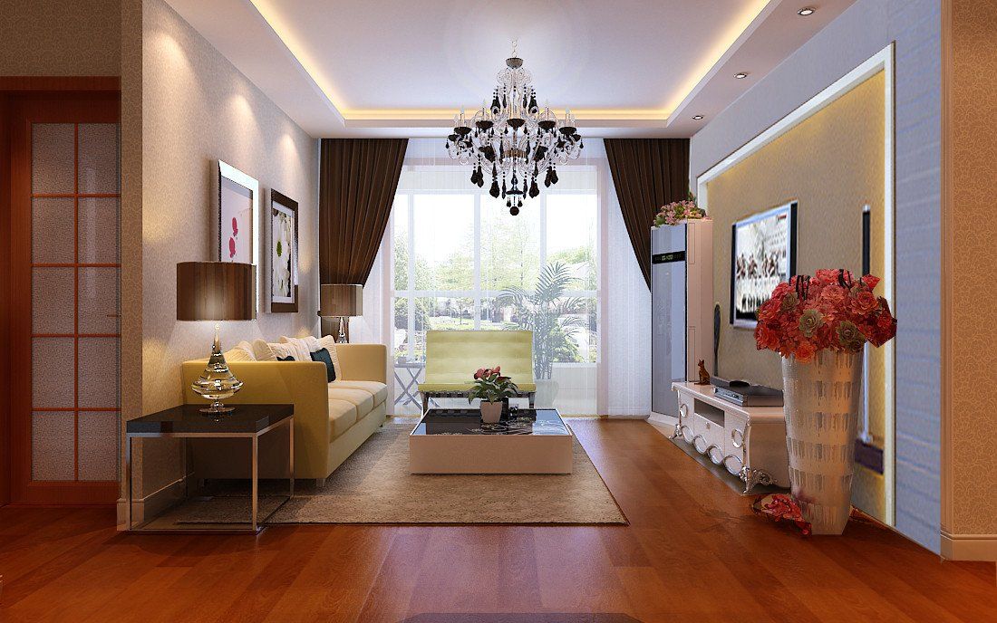 三居室家装客厅设计浅棕色木地板装修效果图片
