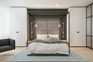 现代别墅卧室床头背景墙设计装修效果图