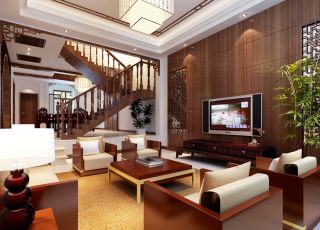 2023中式风格跃层别墅客厅装修图