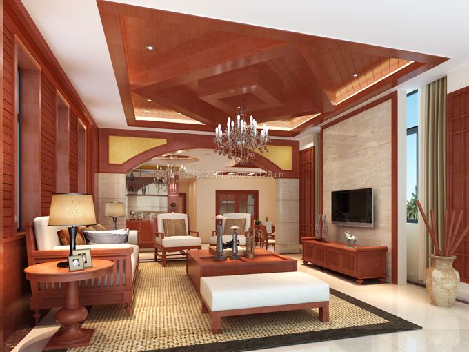 中式风格客厅木质吊顶装修效果图片