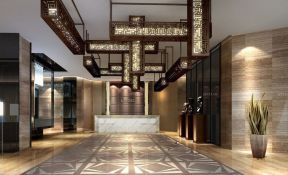 中式酒店设计元素大厅吊顶效果图