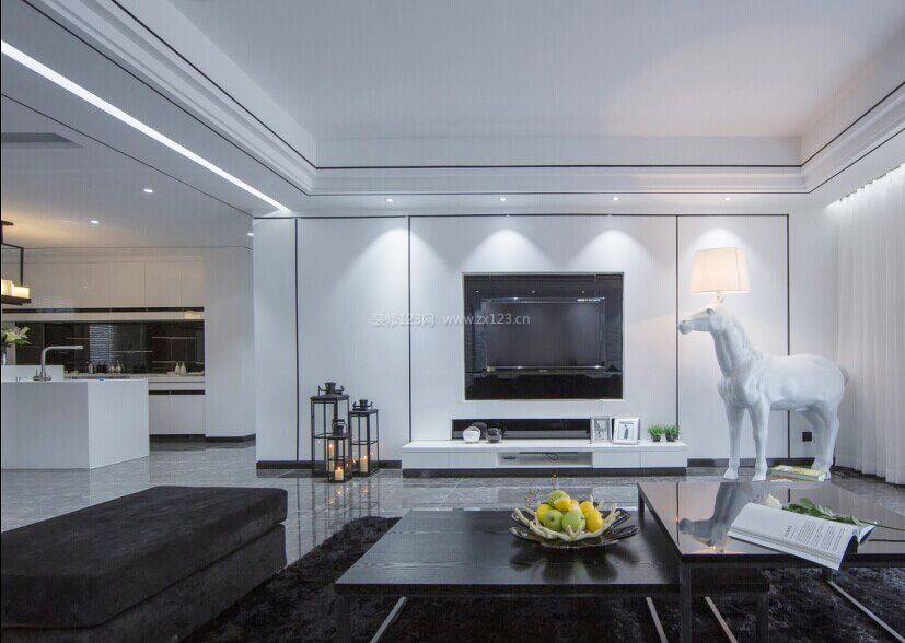 黑白现代风格客厅电视墙装修设计效果图片
