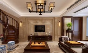 新中式别墅客厅设计石材电视墙装修效果图