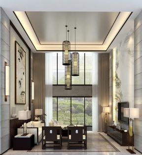 新中式别墅客厅设计 吊灯图片