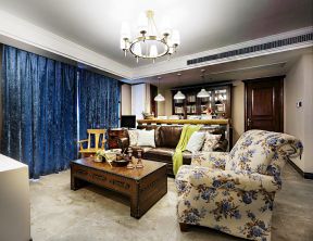 美式田园混搭风格客厅蓝色窗帘装修效果图片