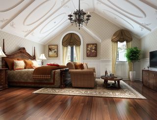 美式风格阁楼卧室实木地板装修效果图