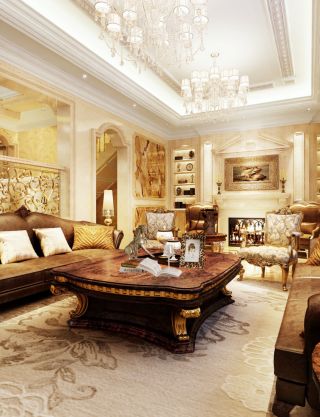 欧式古典风格别墅客厅沙发摆放装修效果图片