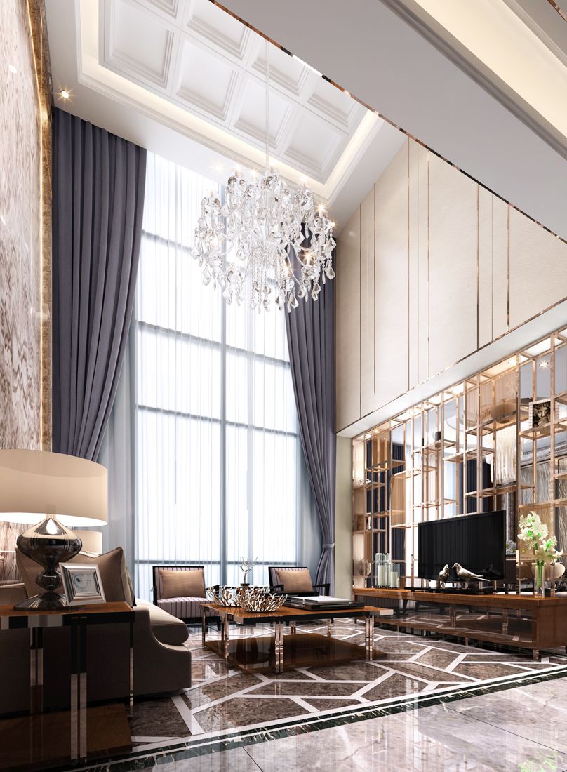 现代欧式风格中空客厅布艺窗帘装修效果图片