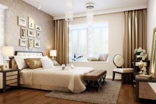 欧式简约风格带飘窗卧室纯色窗帘装修效果图片