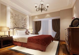 中式小户型别墅女生卧室床头背景墙装修效果图片