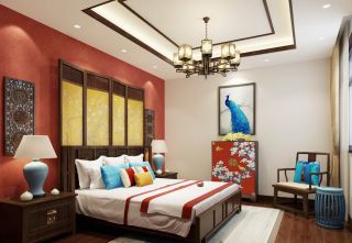 中式设计婚房卧室床头背景墙装修效果图