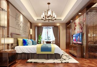 中式复式家居卧室床头背景墙装修效果图片案例
