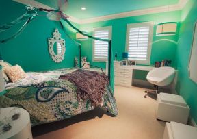 15平米女生卧室绿色墙面装修效果图片
