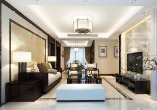 现代中式简约风格客厅白色沙发凳装修效果图片