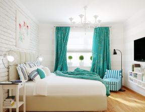 家居卧室设计效果图 绿色窗帘装修效果图片