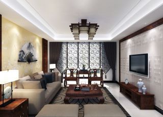 新中式风格客厅墙面壁纸装修效果图片案例