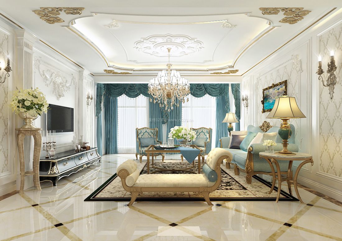 欧式家居室内客厅蓝色窗帘装修效果图片2023