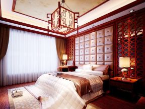 中式家居卧室 床软包背景墙效果图