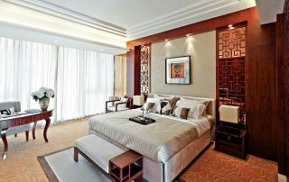 中式家居卧室白色窗帘装修效果图片