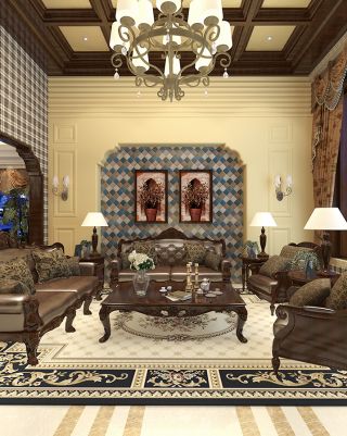 美式风格别墅客厅墙砖墙面装修效果图片2023