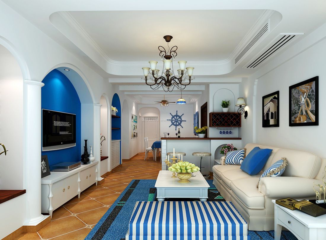 地中海风格小户型客厅沙发背景墙装饰图