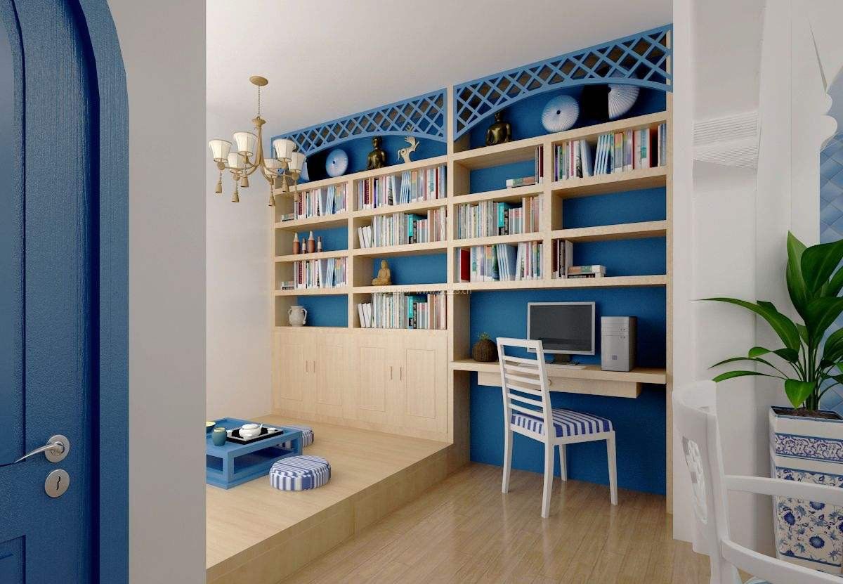 地中海田园风格书房书柜设计图片